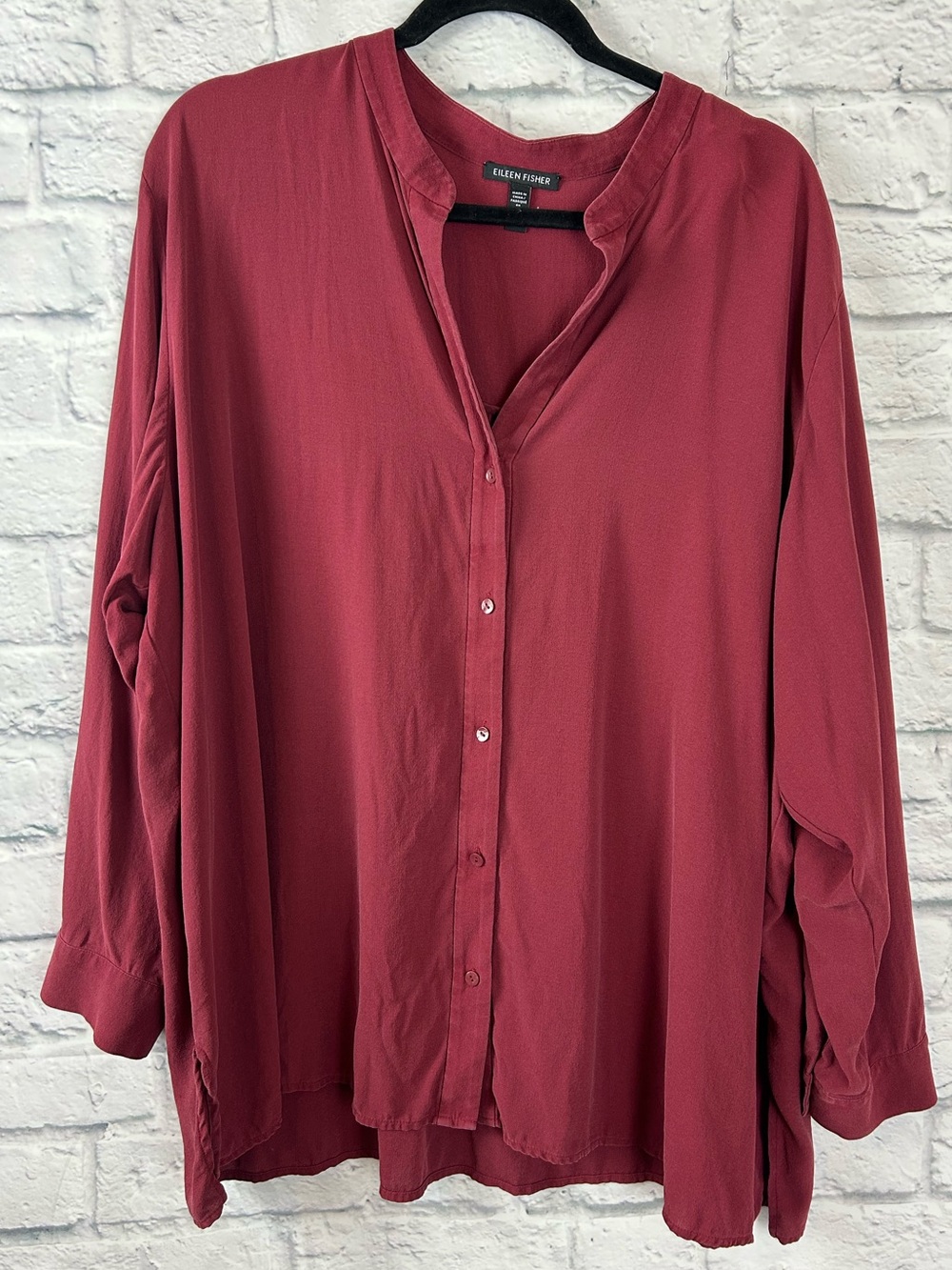 Eileen Fisher 2X 100% Silk Button Front Blouse Red Tunic